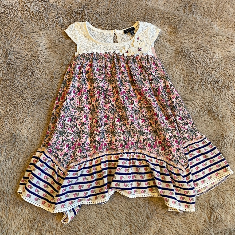 Zunie Floral Striped Lace Hanker-chief Dress